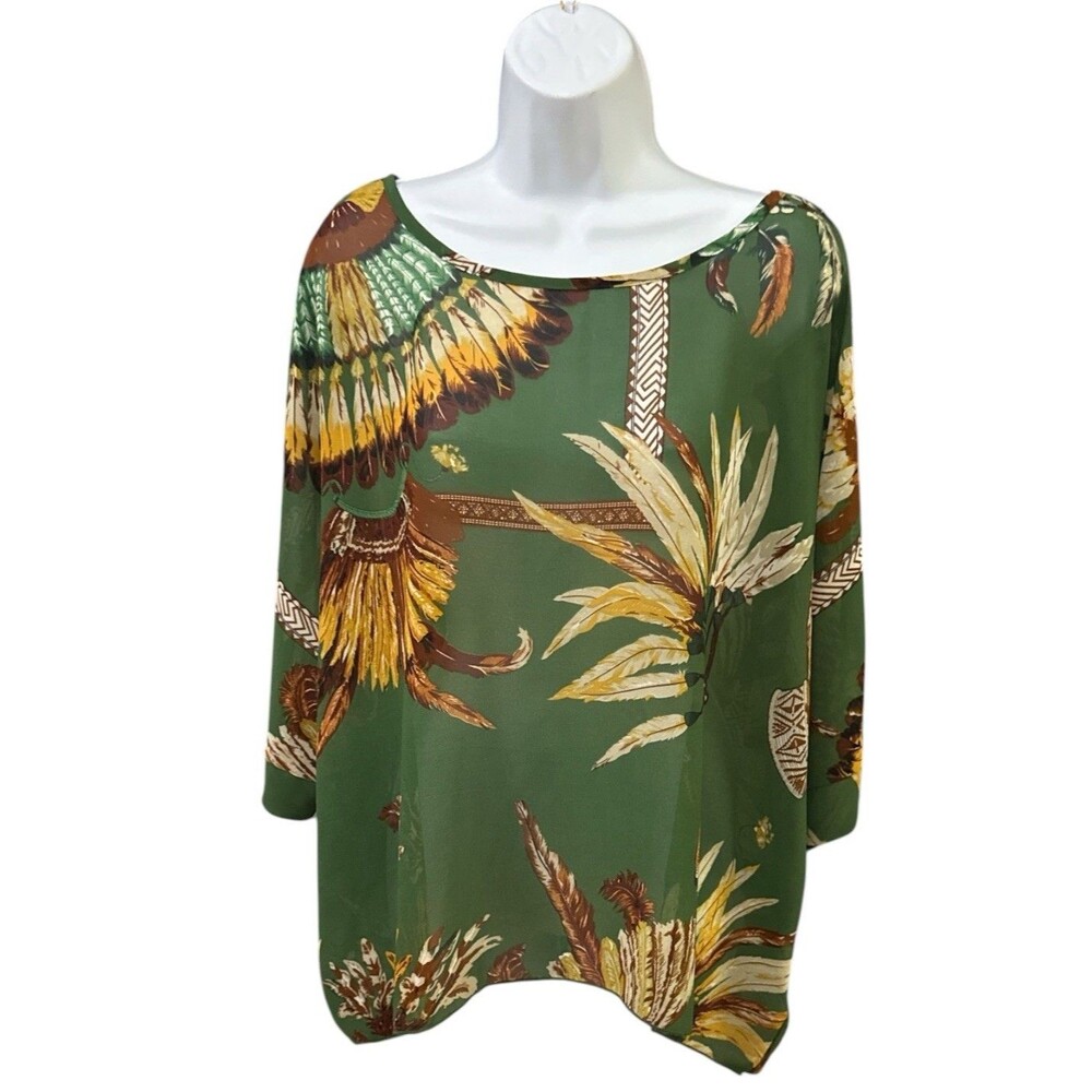 Allegra K Medium Bohemian Top Green  Sheer Chiffon Native Indian Feather Relaxed
